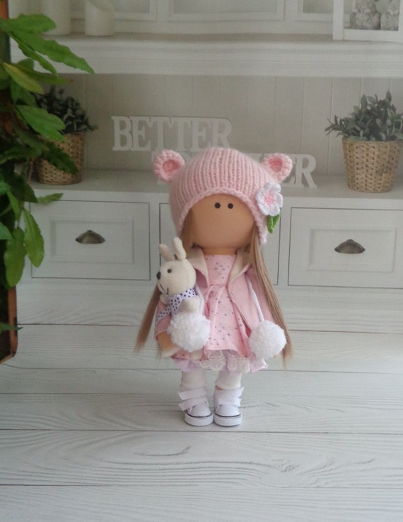 Tilda Doll Pink Doll Doll With a Rabbit Textile Interior Doll