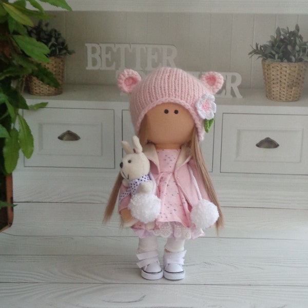 Tilda doll, Pink Doll, Doll with a rabbit, Textile Interior doll, Rag doll red hair, doll gift for her birthday Day