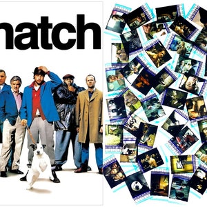 以下が含まれることがあります： 映画「Snatch」のポスターは、様々な服装の男性グループと、前に小さな犬がいます。「snatch」というタイトルは、大きく太字の黒い文字で書かれています。右側には、映画のスチル写真のコラージュがあります。