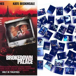 May include: Movie poster for "Brokedown Palace" featuring Claire Danes and Kate Beckinsale. The poster has a red and orange background with a photo of the actresses. Also, a collection of small, blue-tinted film stills.