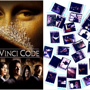 May include: Film poster for "The Da Vinci Code" with the Mona Lisa's eyes and the film's title. The poster includes images of the main actors. A collection of film stills is also present.