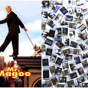Puede incluir: Un póster de película para la película "Mr. Magoo" que muestra a un hombre con traje caminando por el borde de un edificio con un bulldog con una correa. El horizonte de la ciudad es visible en el fondo.