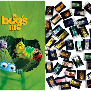 May include: A Bug's Life film poster featuring animated insect characters on a green leaf. The title is in yellow. Film strips with scenes from the movie are scattered on a white background.