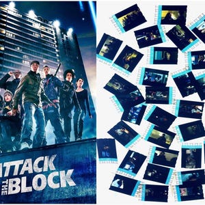 May include: A movie poster for the film "Attack the Block" featuring a group of young people standing on a rooftop in front of a tall apartment building. The poster has a blue and black colour scheme and the title is in large white letters.