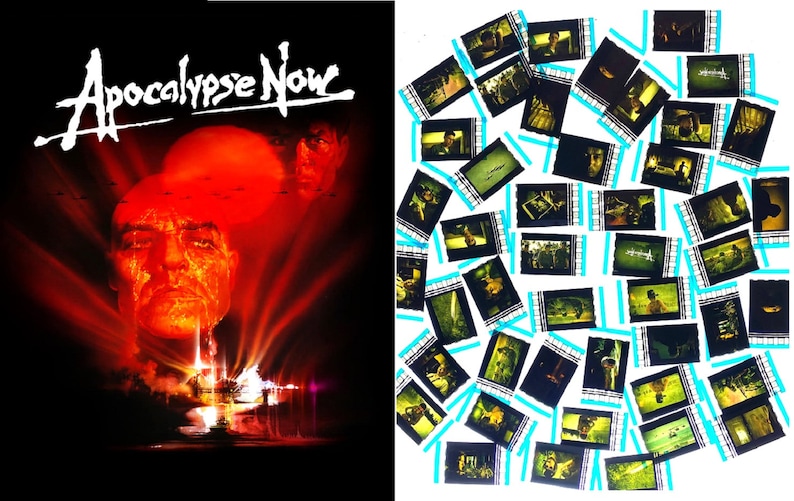 K&ouml;nnte beinhalten: Ein Filmplakat f&uuml;r den Film "Apocalypse Now" mit einer Nahaufnahme von Marlon Brandos Gesicht in rotem Schein. Das Plakat zeigt auch eine Szene aus dem Film mit einem Hubschrauber, der &uuml;ber einen Dschungel fliegt.
