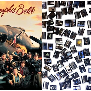 May include: A movie poster for the film "Memphis Belle" featuring a group of men in military uniforms standing in front of a B-17 bomber. The poster has a vintage look and feel.