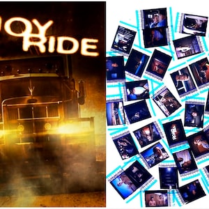 Könnte beinhalten: Ein Filmplakat für den Film "Joy Ride" mit einem großen, schwarzen Sattelschlepper mit hellen Scheinwerfern. Der Titel des Films ist in gelben und orangen Buchstaben geschrieben.