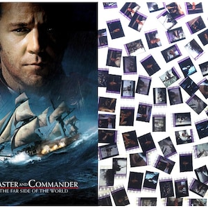 May include: Movie poster for the film "Master and Commander: The Far Side of the World". The poster features a close-up of Russell Crowe's face, with a large sailing ship in the background.