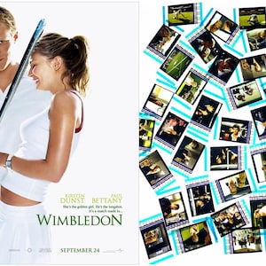 Puede incluir: Un póster de película para la película "Wimbledon" con Kirsten Dunst y Paul Bettany. El póster presenta un primer plano de los actores con ropa de tenis, con Dunst sosteniendo una raqueta de tenis. El texto en el póster dice "Wimbledon" y "24 de septiembre".