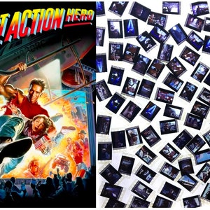 Op de afbeelding: Filmplakat voor de film "Last Action Hero" met Arnold Schwarzenegger die aan een helikopter hangt met een jonge jongen. De poster speelt zich af in een bioscoop met een groot scherm en een publiek.