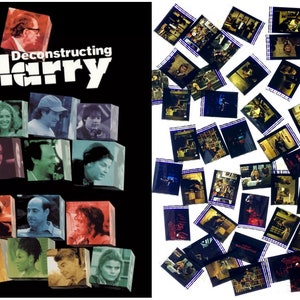 Pode incluir: Um cartaz de filme para o filme "Deconstructing Harry" com uma colagem de imagens dos atores do filme. O cartaz é preto com um título branco e os rostos dos atores estão em quadrados coloridos.