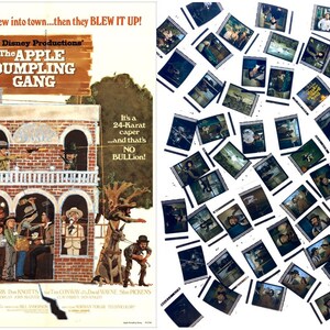 May include: A vintage movie poster for "The Apple Dumpling Gang" featuring a brick building with figures, and the text "First they blew into town...then they BLEW IT UP!". A collection of film stills is also shown.
