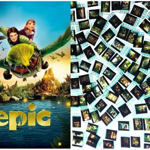 Op de afbeelding: Een filmposter voor de animatiefilm "Epic" met een meisje en een jongen die op een groen, vogelachtig wezen door een weelderig groen bos rijden. De titel "Epic" staat in gouden letters onderaan de poster.