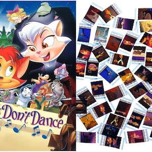 May include: A movie poster for "Cats Don't Dance" featuring cartoon characters and the film's title. The poster has a blue background with the Hollywood sign in the distance. A collection of film cells from the movie are also shown.