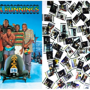 May include: A movie poster for the film "Cool Runnings" featuring five men in winter sports gear standing in front of a bobsled. The bobsled is labelled "Jamaica 18".