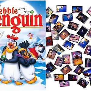 May include: A poster for 'The Pebble and the Penguin' animated film, featuring cartoon penguins and the title in red and gold. The image also shows a collection of small, framed images with scenes from the movie.
