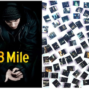 Op de afbeelding: De afbeelding toont de filmposter voor "8 Mile" met de titel in geel en een persoon in een zwarte hoodie. De rechterkant toont een verzameling kleine, vierkante afbeeldingen met een paarse rand, mogelijk filmstills of promotiemateriaal.