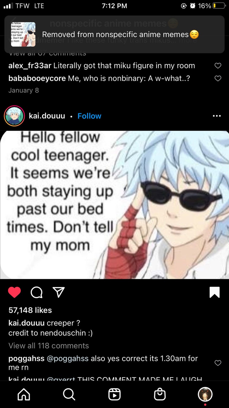 May include: A blue-haired anime character with sunglasses is pointing to the right. The character is wearing a white shirt and red wristbands. The text says "Hello fellow cool teenager. It seems we're both staying up past our bed times. Don't tell my mom."