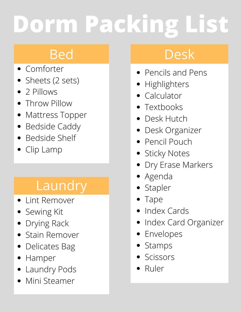 College Dorm Packing List Etsy