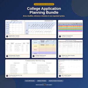 May include: A digital College Application Planning Bundle featuring seven distinct tracking templates. Includes an application tracker, college comparison chart, scholarship tracker, reference log, thank you card tracker, community service log, and AP credit tracker.