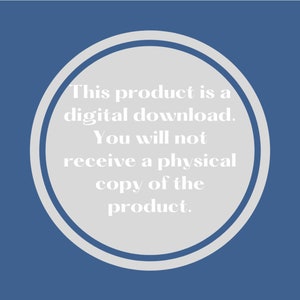 Op de afbeelding: Een witte cirkel met een dubbele grijze rand op een blauwe achtergrond. De tekst in de cirkel luidt: "Dit product is een digitale download. Je ontvangt geen fysieke kopie van het product."