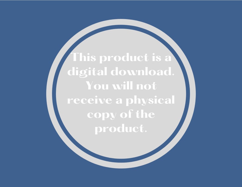 Op de afbeelding: Een witte cirkel met een dubbele grijze rand op een blauwe achtergrond. De tekst in de cirkel luidt: "Dit product is een digitale download. Je ontvangt geen fysieke kopie van het product."