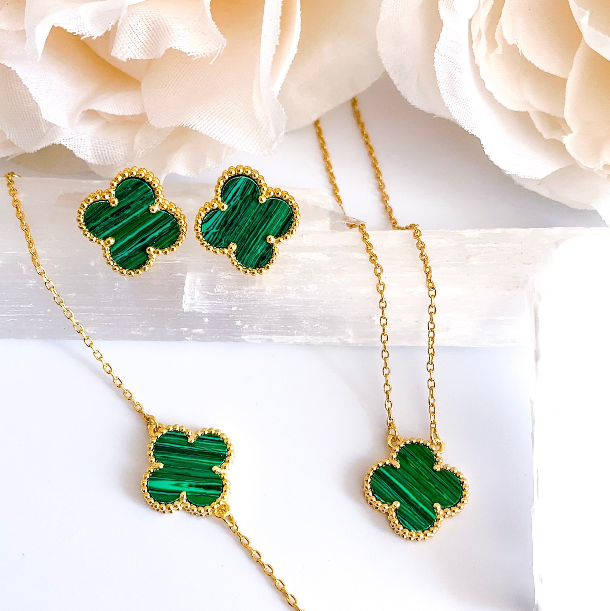 High quality 18K Gold Malachite clover necklace - Four leaf gold neck…