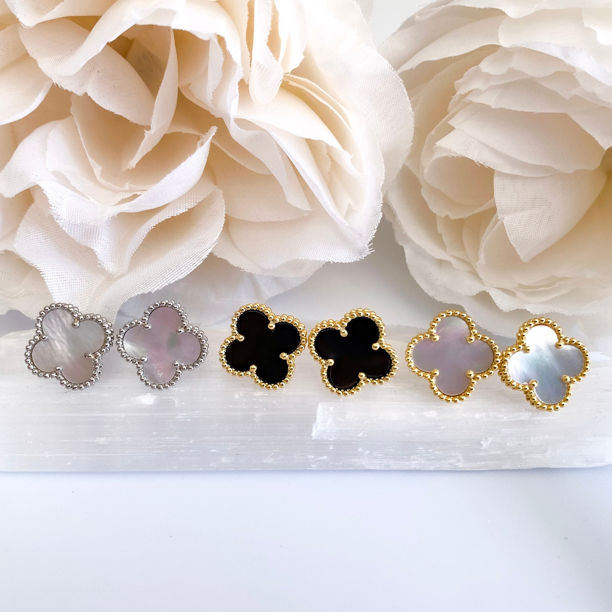 High quality 18K Gold Mother of Pearl clover earrings - Black Agate g…