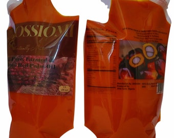 May include: Two orange pouches of 1 liter (35 oz) of pure, farmed, unrefined red palm oil. The pouches are labeled "Cossion" and "Nutrition Facts". The label also includes a picture of palm fruit.