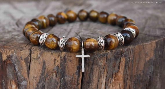 Bracelet sur fil élastique perle de bois naturelle et croix en pierre |  Ressucito