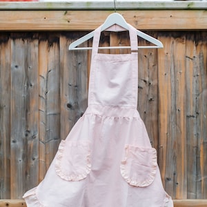 Pink Ruffle Apron Dress, Adjustable Straps, Apron for Baking and Cooking, Linen Kitchen Vintage Dress, Valentine's Day Gifts