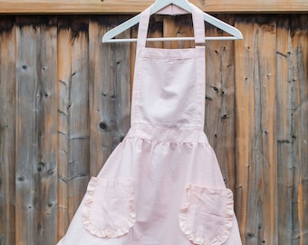 Pink Ruffle Apron Dress, Adjustable Straps, Apron for Baking and Cooking, Linen Kitchen Vintage Dress, Valentine's Day Gifts