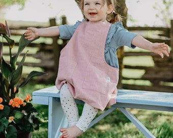 Toddler Unisex Crossback Linen Apron,  Pinafore soft linen apron, Natural Apron w/ Pockets, Personalized Gift for Youth and Kids, Hosting