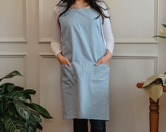 Cross Back Linen Apron w/ Pockets, Japanese Style for Comfort, Personalized & Custom Gifts, Apron for Flower Shop, Gardening, Minimalist