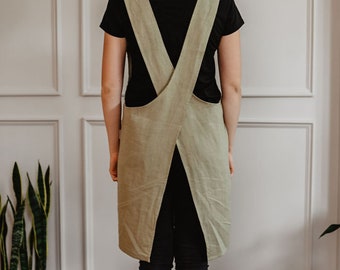 Crossback Linen Apron for the Whole Family, Unisex Pinafore Soft Linen Apron, Natural Ecofriendly w/ Pockets, Personalized Housewarming Gift