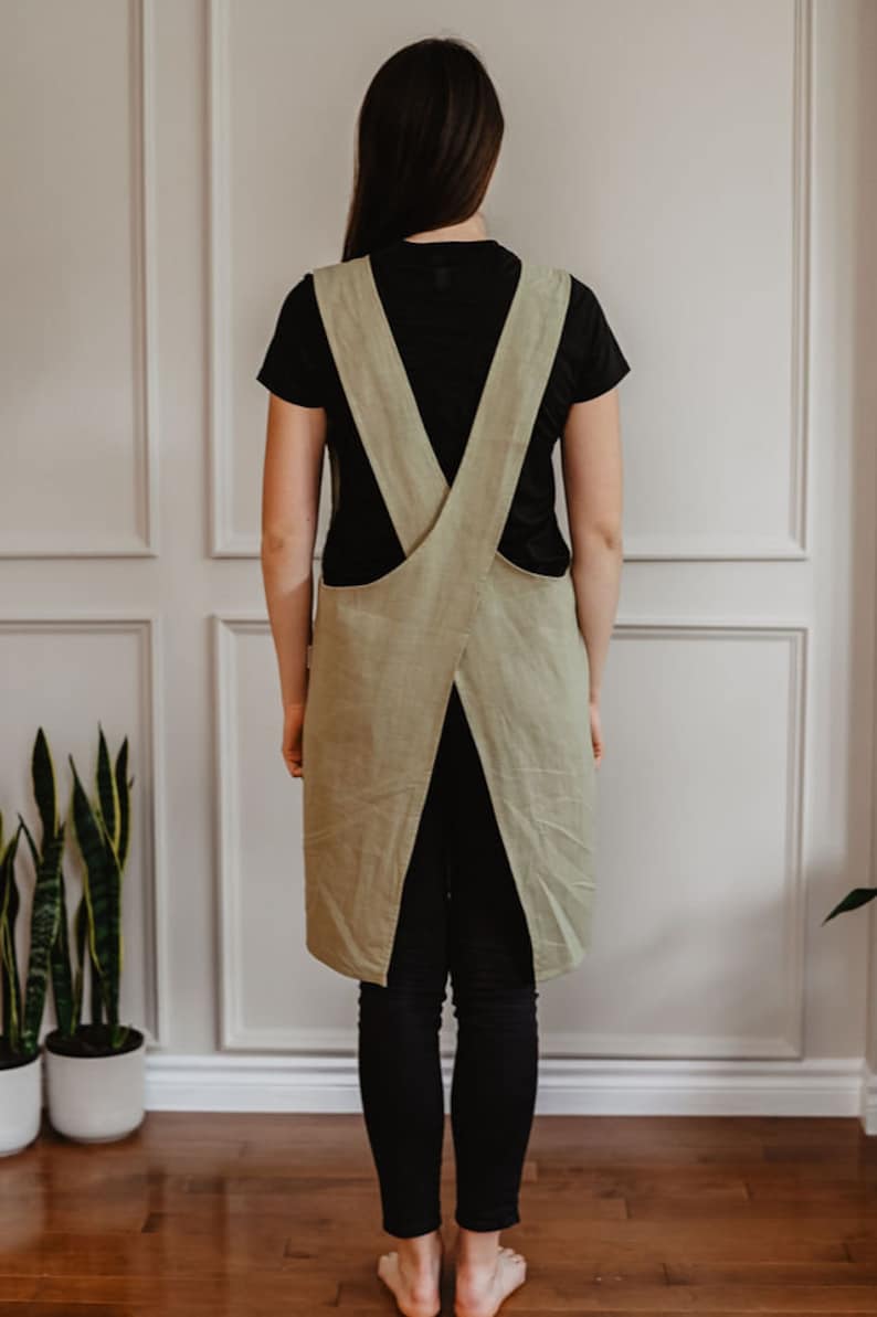 Tablier tablier en lin adulte, Tablier croisé unisexe, Style japonais, sans cravate, personnalisé, cadeau enseignant, broderie, vêtements en lin image 4