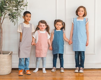 Kids Cross back Linen Apron, Pinafore Soft Linen Apron, Eco-Friendly Apron w/ Pockets, Personalized Gift