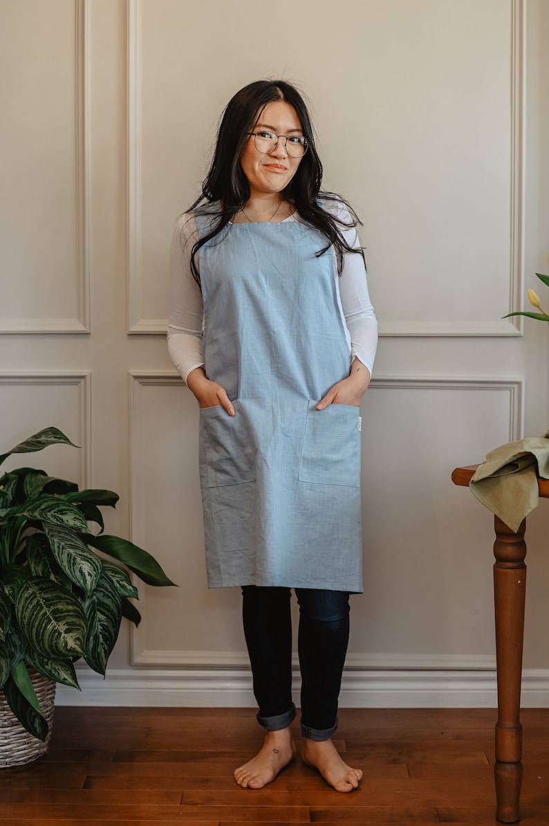 Tablier tablier en lin adulte, Tablier croisé unisexe, Style japonais, sans cravate, personnalisé, cadeau enseignant, broderie, vêtements en lin image 2