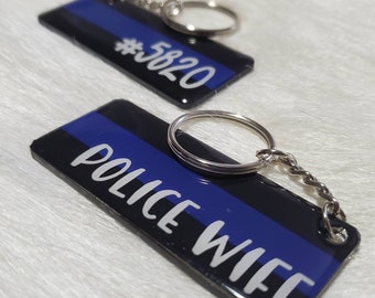 Back the Blue Keychain || Thin Blue Line Keychain || Law enforcement with Badge Number || Badge Number