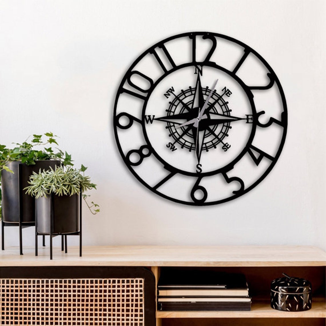 Compass Metal Wall Clock, Compass Wall Clock, Metal Wall Clock, Large