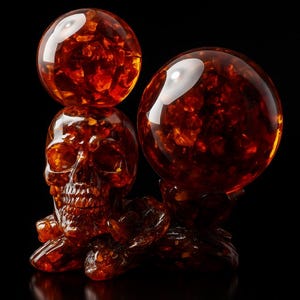 Figura de calavera y orbe de cristal de ámbar | Escultura artesanal de ámbar natural | Decoración gótica oscura para el hogar | Regalo de energía mística