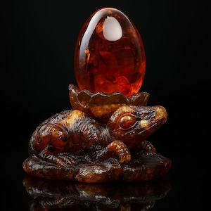Figura de ámbar báltico | Lagarto durmiente con huevo de ámbar | Escultura de resina fósil natural | Regalo coleccionable único
