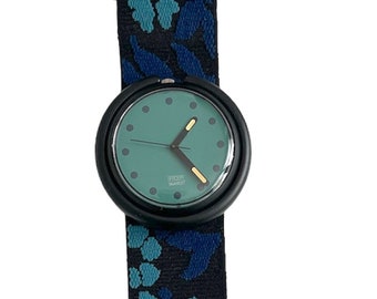 NEUF dans sa boîte vintage 1992 Pop Swatch GREEN TIKI PWB157 - parfait état non porté - fonctionne avec une pile neuve - diamètre 39 mm - bracelet en tissu