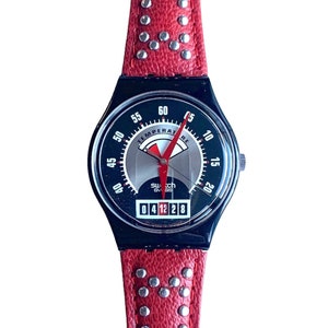 Vintage1995 Swatch Gent RED FLAME GB418 - unworn mint condition - new battery - 34mm diameter - leather strap