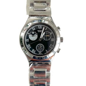 May include: A silver Swatch watch with a black face and Roman numeral hour markers. The watch has a chronograph function and a date window.