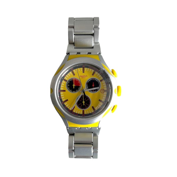 NEUVE en boite Swatch Irony XLite Chrono LEMON SQUASH YYS4002AG de 2015 - jamais portée - état neuf - pile neuve - diamètre 45mm