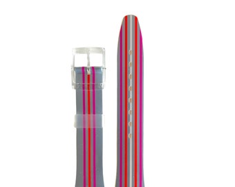 May include: A clear watch band with a gray, pink, and red striped pattern. The band has a clear buckle.