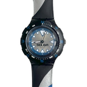 Vintage 2001 Swatch Scuba 200 BLUE SQUIGGLE SDB118 - new in box- new and unworn condition - new battery - 38mm diameter
