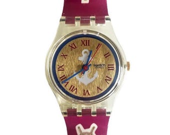 Vintage 1992 Swatch Lady RED KNOT LK130 - unworn mint condition - new battery installed - 25mm diameter - new in box