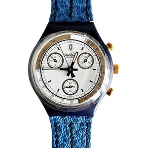 Vintage 1990 Swatch Chrono SKIPPER SCN100 - unworn mint condition - running with new battery - 37mm - leather strap - new in box